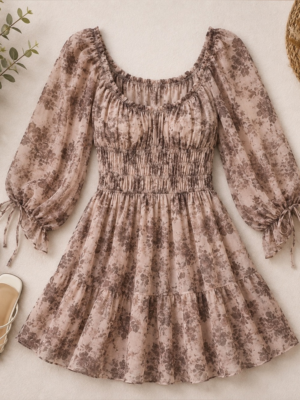 Baevly NWT Floral Smocked Mini Dress Large Taupe Boho Autumn Wedding Guest